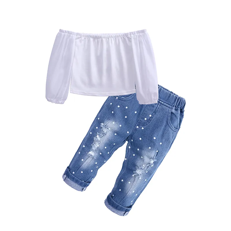 Blau <span class=keywords><strong>jeans</strong></span> mit perle mode <span class=keywords><strong>baby</strong></span> mädchen boutique outfits kinder kleidung set