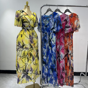 Vestido de Verano <span class=keywords><strong>para</strong></span> Mujer, Talla Grande, Cuello en V, Estampado Digital, Conjunto de Dos Piezas con Cinturón, Falda Larga, Ideal <span class=keywords><strong>para</strong></span> Fiestas - Product Image 5