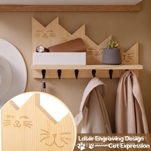 Wooden Cat Wall Shelf With Hooks Storage Rack For Keys Coats Towels Living Room Entrance <b>Door</b> Mount - Product Image 4