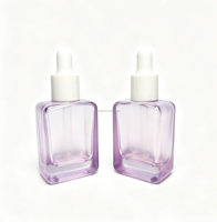 Nouvel emballage cosmétique de luxe givré, flacon de sérum violet carré plat à fond épais de 30 ml, flacon compte-gouttes en verre pour huile essentielle