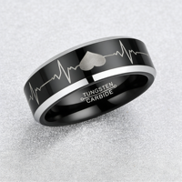 Anillo de boda de carburo de tungsteno de 8 mm al por mayor con grabado de electrocardiograma (ECG) de latido de corazón, negro y plateado, con borde biselado
