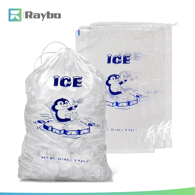 RAYBO Custom Reusable Large Disposable Clear LDPE Plastic Ice Cooler Packaging Pack Bags 5 8 10 15 20 Lb with Draw String