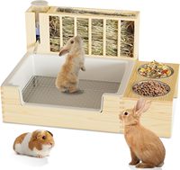 Bac à litière pour lapins en bois 4-en-1 étanche avec mangeoire à foin, gamelles et bouteille d'eau, grande capacité, conception anti-gaspillage pour lapins