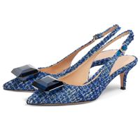 Chaussures en cuir artificiel à bout pointu pour femmes grandes tailles, bleu uni, avec strass, talon moyen 3-6 cm