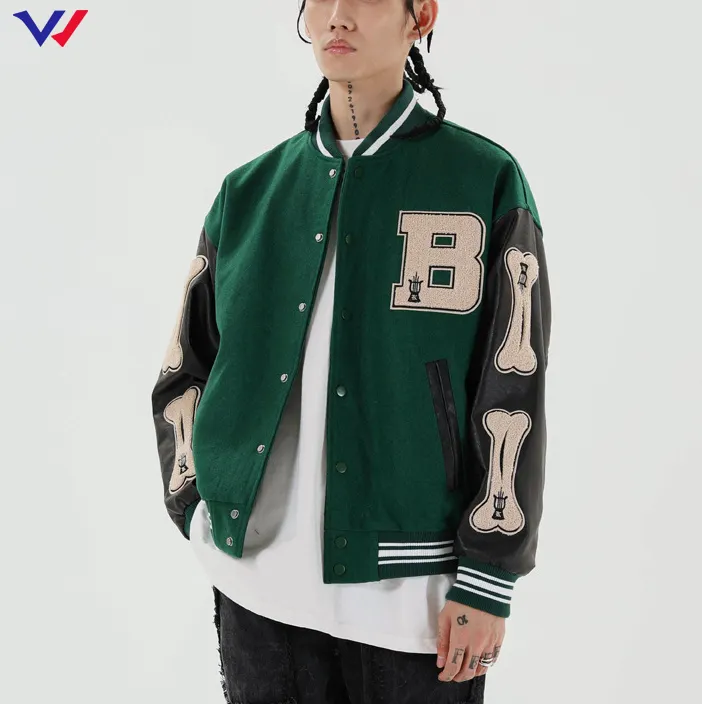 Patch logo hip hop streetwear baseball jacket cotton blend letterman varsity jacket with leather sleeves