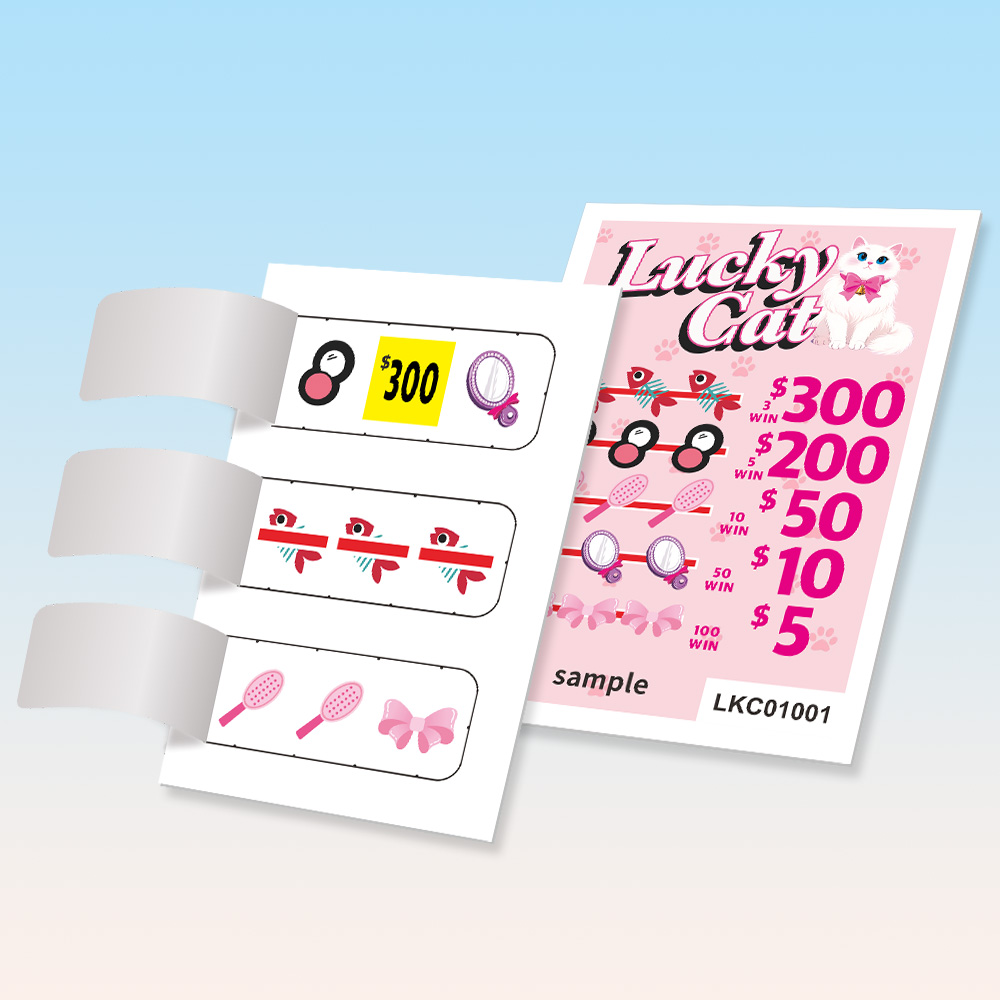 Custom Lovely Cat Die Cut 3 Windows Instan Pull Tab Gambling Tickets with Free Design and Full Color Digital Printing