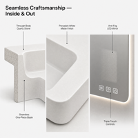 Ensemble de meuble-lavabo mural moderne avec vasque flottante en quartz technique, miroir intelligent LED et fonction anti-buée, pour appartement et villa