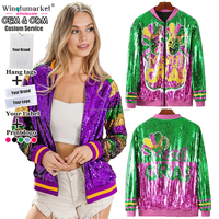 Vêtements Mardi Gras RTS, veste bomber à paillettes, rayures violettes, fermeture éclair côtelée, manteaux scintillants pour femmes, vestes à paillettes pour femmes