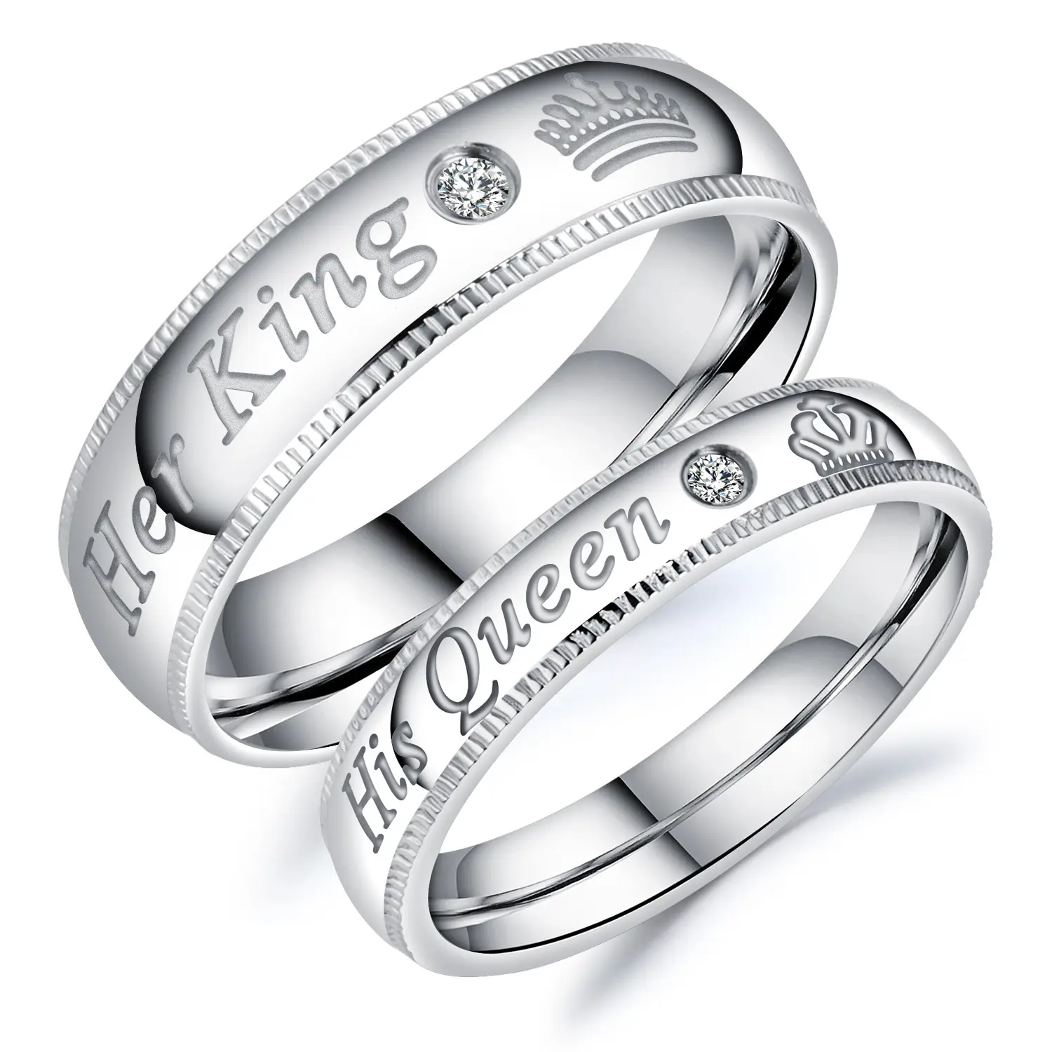 her King his Queen couple ring king queen crown set zircon pair ring silver stainless steel ring