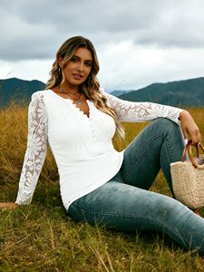 Chemisier décontracté Joyinspring style européen sexy en dentelle à manches longues grande taille pour femme, coupe ample, printemps/été, en fibre de lait avec boutons - Product Image 1