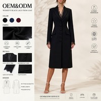 Robe longue fendue élégante noire vintage britannique haut de gamme pour femme, col en V, revers, simple boutonnage, dentelle, vente en gros transfrontalière ODM 2026