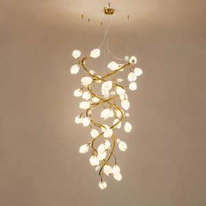 Lustre Moderne Personnalisé en Céramique Magnolia, Suspension en Métal Doré pour Villa, Duplex, Plafond Haut, Décoration de Hall - Product Image 2
