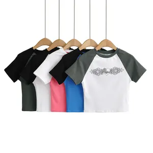 5 colorway short sleeve crew neck patchwork design front print casual women cotton t shirt