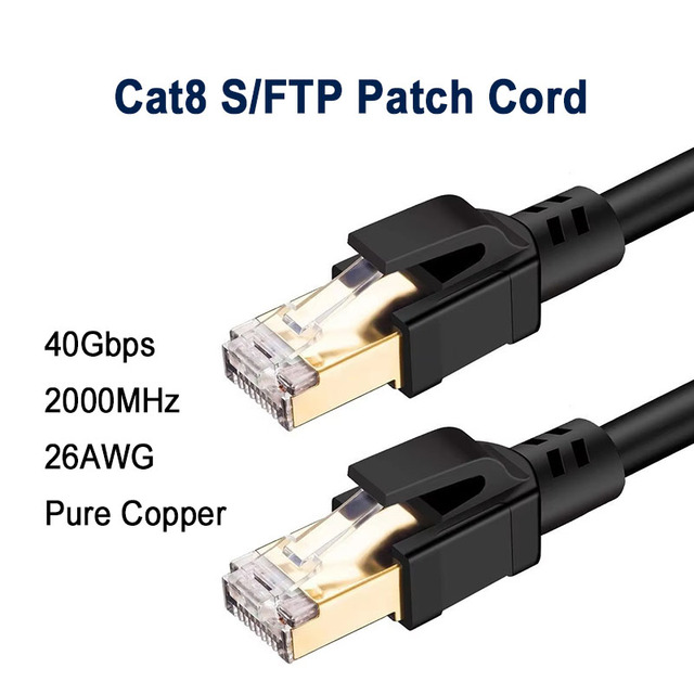 Cat8 S/FTP RJ45 Patch Cord 40Gbps 2000MHz 26AWG Pure Copper Shielded Network Cable Indoor for Server & Data Center, PVC/LSZH