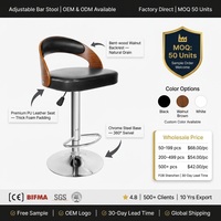 Chaise de bar commerciale en cuir avec base métallique, dossier en bois courbé noyer, tabouret pivotant robuste pour projets, tabourets de bar réglables