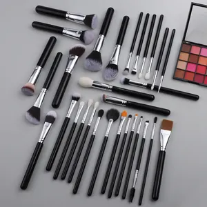 Wholesale Private Label 30pcs Black Silver Wood Handle Powder Foundation Blush Eye Shadow Brushes Set Factory Sale OEM