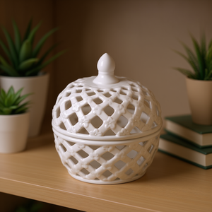 โถเซรามิกสีขาวทรง D8x9.5 นิ้ว ฝาปิดลายตาข่าย ของตกแต่งสำหรับบ้าน สำนักงาน หรือวางโชว์บนโต๊ะ - Product Image 2