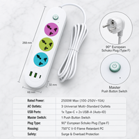 Multiprise industrielle universelle 10A avec port USB-C, 6 prises multicolores, barre d'alimentation domestique, 2 ports USB et 1 chargeur rapide Type-C