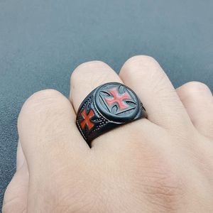 Men's <b>Black</b> <b>Titanium</b> Steel <b>Ring</b> Red Cross Design Punk Style Jewelry Gift - Product Image 4