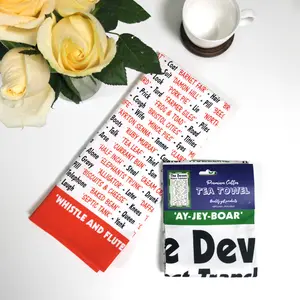 ग्राहक डिजाइन OEM रंगारंग शब्दों स्क्रीन मुद्रण 100% कपास कपड़े 50*70cm चाय तौलिया के साथ headcard स्मारिका उपहार