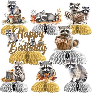 8 pièces de centres de table en nid d'abeille sur le thème du raton laveur, décorations de table pour <span class=keywords><strong>anniversaire</strong></span> et baby shower - Product Image 1