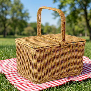 Panier de pique-nique en rotin rectangulaire avec poignée, fait main - Product Image 2