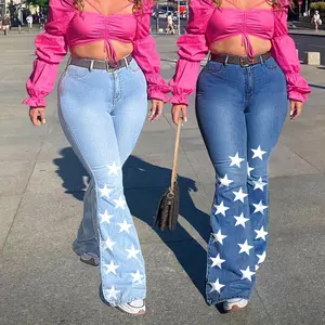 New Trendy Stars Printed 5Xl Plus Size Jeans Spring Summer Mid-Waist Micro Stretch Denim Pants Flare Pants