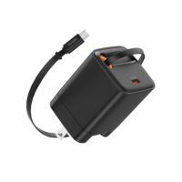 Chargeur GaN 30W avec câble rétractable, prise EU/US/UK, QC3.0 PD USB-C double type C, charge rapide pour téléphone portable et appareil photo, adaptateur USB C