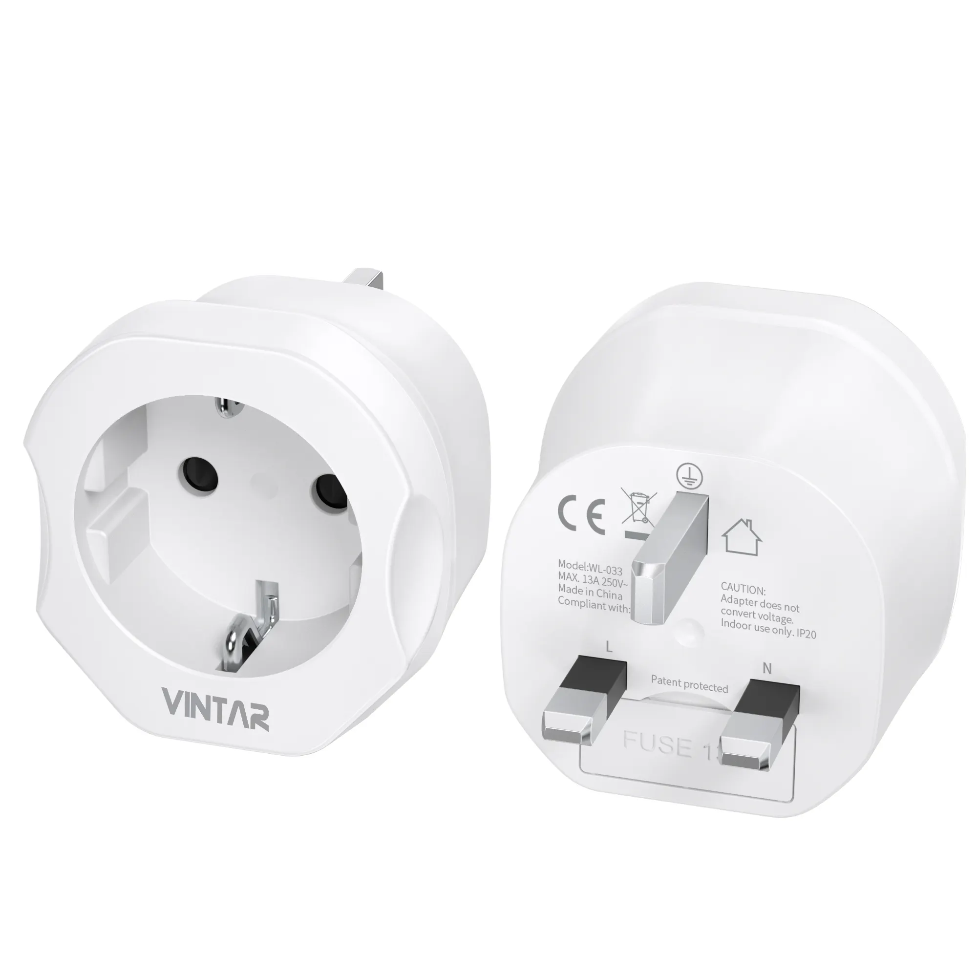 VINTAR 2 Pin to 3 Pin EU to UK Plug Adapter European to UK Travel Plug Adaptor