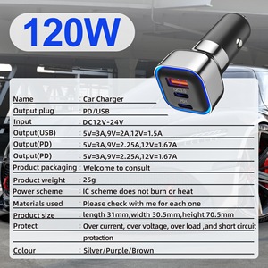 120W PD QC3.0 sạc xe hơi nhanh với 1 cổng <span class=keywords><strong>USB</strong></span> & <span class=keywords><strong>2</strong></span> cổng Loại C, sạc nhanh cho điện thoại iPhone <span class=keywords><strong>Android</strong></span> và máy tính bảng - Product Image 6