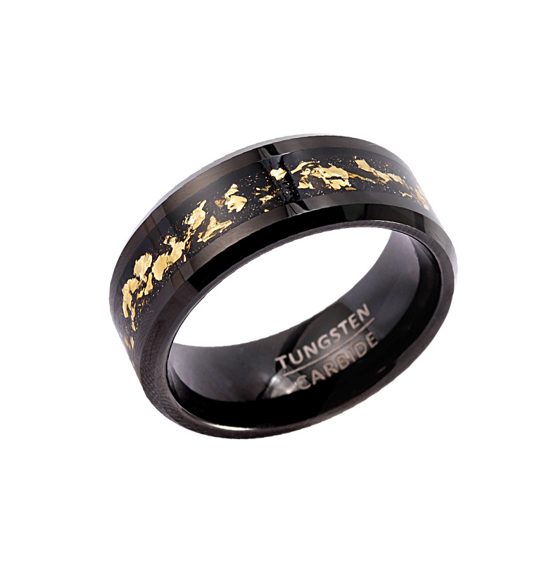 Unisex 8mm Tungsten Hammer Faceted Ring Gold Foil Classic Elegant Design Engagement Anniversary Party Gift