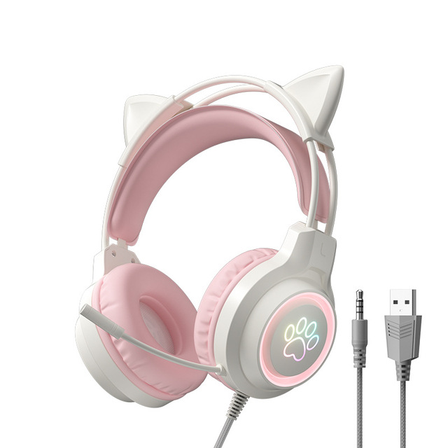 Cross-border Cat Ear Over-Ear E-sports Headset with Cat Paw Print Logo 2m Cord-Student Computer Wired Game Headset Wholesale