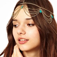 Mahkota rambut wanita bergaya vintage, geometrik, dari logam campuran, untuk acara khusus, perhiasan mode, liontin berumbai berlapis-lapis