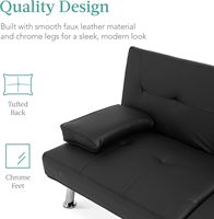 Sofá Cama Futón Convertible Ajustable y Plegable de 3 Plazas, Tapizado en Cuero Sintético Moderno, con Reposabrazos Extraíbles, Color Negro
