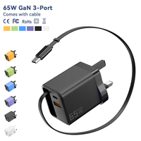 Cargador GaN personalizado de 65W con 3 puertos PD QC3.0, adaptador de cargador de pared USB C de carga rápida con cable retráctil