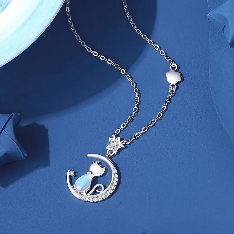 Moon And Cat Necklace Pendant With Clear Zirconia Authentic 925 Sterling Silver Amazon Women Necklace Jewelry Wholesale