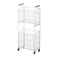 Panier de rangement pliable en acier au carbone pour vêtements sales, à double niveau, rectangulaire, chariot de salle de bain avec poignée en bois