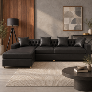 Modern L Shape Black PU Leather Sectional <b>Sofa</b> <b>Set</b> with Tufted Back and Chaise for Living Room Furniture - Product Image 3