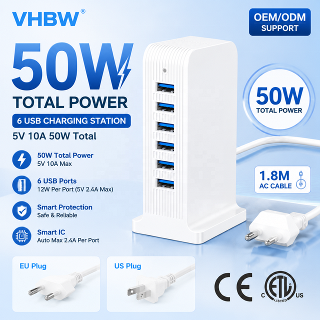 6 Port USB Charger Tower 50W Total Power Multi Device Charging Station with Smart IC Control
