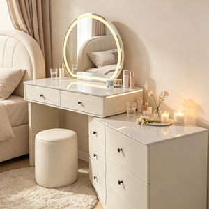 Ensemble coiffeuse crème brillant avec miroir LED rond, tabouret cylindrique horizontal à 6 tiroirs, armoire extensible et bureau de maquillage - Product Image 5