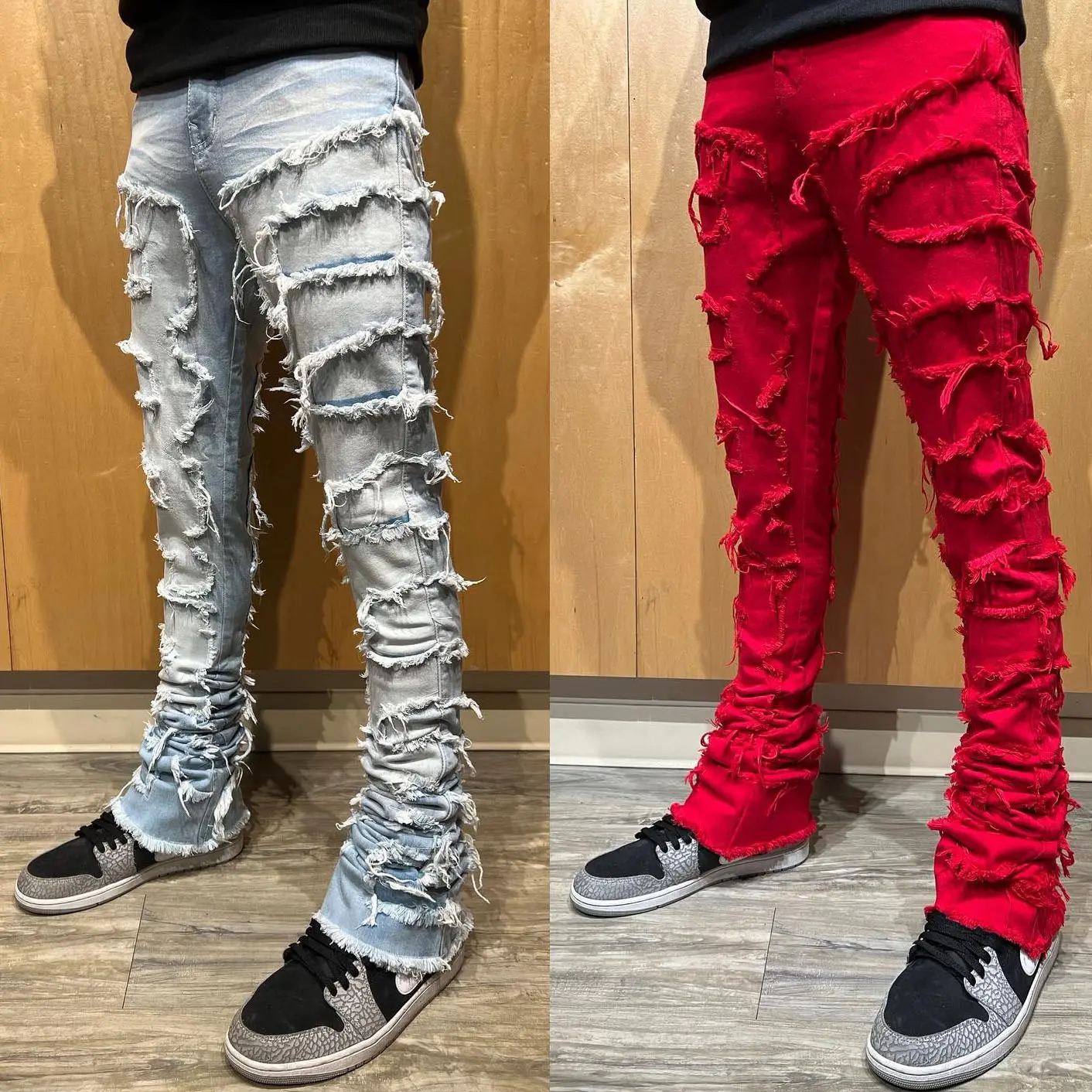 2023 Patchwork Distressed Denim Flared Stacked Jeans Men Frayed Jeans Men Stacked Pants