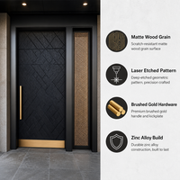 Porte d'entrée moderne en bois grainé finition mate, en alliage de zinc, sécurisée anti-effraction, avec motif gravé et poignée dorée, personnalisable pour la maison
