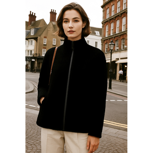 <span class=keywords><strong>Manteau</strong></span> décontracté pour femme en polaire texturée à col montant noir avec fermeture éclair, silhouette ample, poche latérale décorative, confortable et <span class=keywords><strong>chaud</strong></span> - Product Image 2