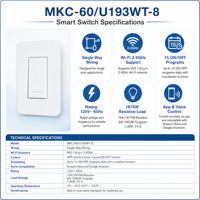 Interrupteur Wi-Fi mural MKC-60/U193WT-8, câblage simple voie