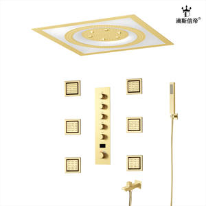 Juego de ducha oculto Dipsidie, cuadrado, dorado cepillado, LED de 7 colores, rociador de lluvia, multifuncional, accesorios de baño montados en la pared - Product Image 5