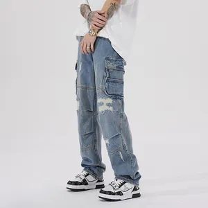 Style japonais surdimensionné jambe lâche salopette vêtements jeans hommes automne mode rétro détruire lavage denim pantalon personnalisé