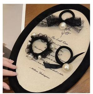 Black big pearl head rope tied ponytail head rope female leather case lace tie hair <b>ring</b> wide and <b>thick</b> - Product Image 1