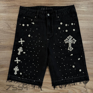 Stile estivo personalizzato di alta qualità Shorts in Denim con diamanti da uomo Vintage Casual Hip Hop larghi lavati con orlo grezzo e strass - Product Image 1