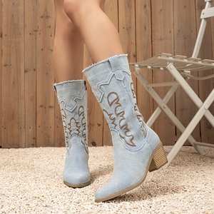 Brand New Retro Denim Blue Cowboy Women <b>Shoes</b> Chunky High Heels 42 on Calf Cowgirls Boots - Product Image 1