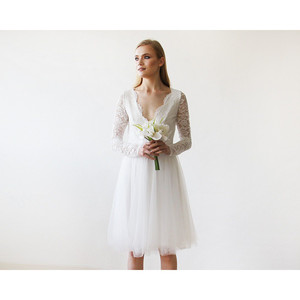 Vestido de Novia Corto, Vestido Midi de Tul y Encaje Color Marfil # 1144 - Product Image 2